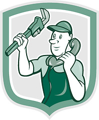 Image showing Plumber Monkey Wrench Telephone Shield Cartoon