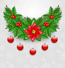 Image showing Christmas adornment with balls, holly berry, pine and poinsettia