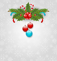 Image showing Christmas background with balls, holly berry, pine and sweet can