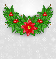 Image showing Christmas decoration with holly berry, pine and poinsettia
