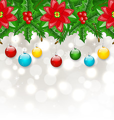 Image showing Christmas background with balls, holly berry, pine and poinsetti