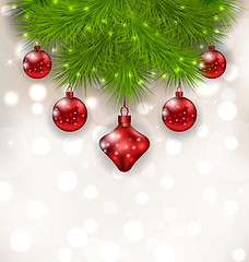 Image showing Christmas composition with fir twigs and red glass balls