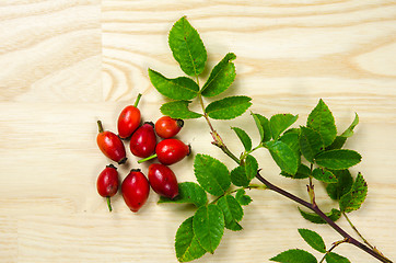 Image showing Rosehip berries with green leaves