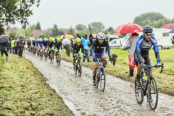 Image showing The Cyclist Jose Pimenta Costa Mendes on a Cobbled Road - Tour d