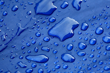 Image showing Closeup of rain drops on a blue umbrella