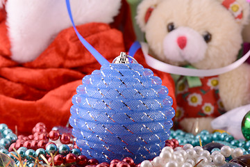 Image showing Christmas balls, new year decoration, teddy bear