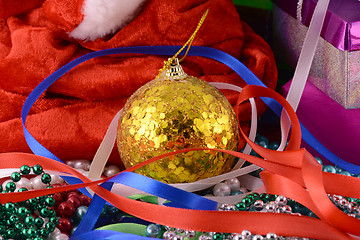 Image showing Christmas background with gift box, diamonds, new year balls