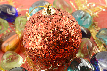 Image showing red new year (christmas) balls with stones set, holiday invitation card