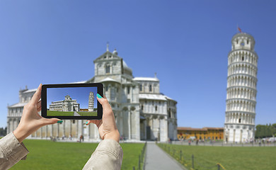 Image showing Photographing Leaning Tower in Pisa, with tablet