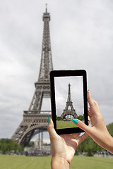 Image showing Taken pictures Eiffel Tower with tablet