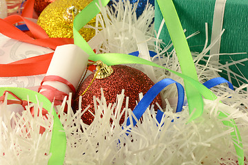 Image showing Christmas background with red and blue ribbon and new year balls