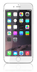 Image showing new Silver iPhone 6 Plus showing the home screen with iOS 8