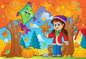 Image showing Autumn theme with girl and kite
