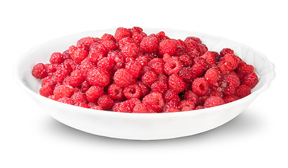 Image showing Pile Of Fresh Raspberries On A White Plate