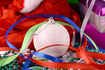 Image showing Christmas background with gift box, diamonds, new year balls