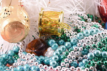 Image showing Christmas background with wine bottle and pearls