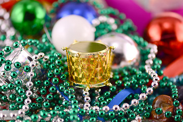 Image showing Christmas decorations, new year invitation card, drums, pearls and xmas balls