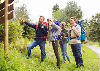 Image showing group of smiling friends with backpacks hiking