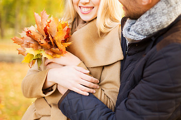 Image showing close up of smiling couple hugging in autumn park