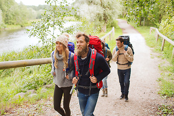 Image showing group of smiling friends with backpacks hiking