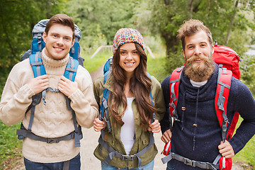 Image showing group of smiling friends with backpacks hiking