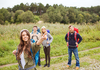 Image showing group of smiling friends with backpacks hiking