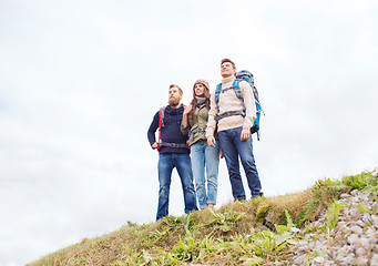 Image showing group of smiling friends with backpacks hiking