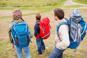 Image showing group of smiling friends with backpacks hiking