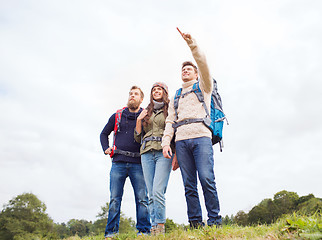 Image showing group of smiling friends with backpacks hiking