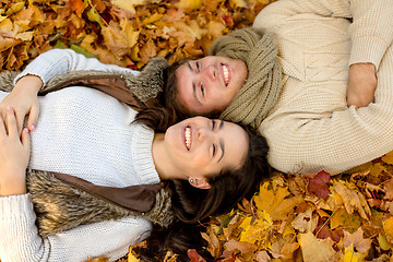 Image showing close up of smiling couple lying in autumn park