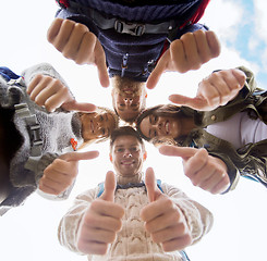 Image showing group of smiling friends with backpacks hiking