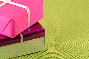 Image showing A red gift box set with a white ribbon