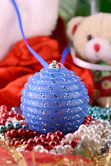 Image showing Christmas balls, new year decoration, teddy bear