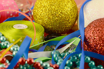 Image showing Christmas ball, new year invitation card, diamonds and pearls