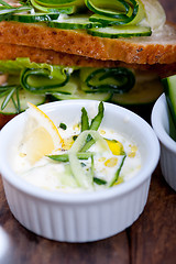 Image showing fresh vegetarian sandwich with garlic cheese dip salad