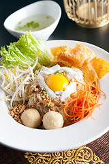 Image showing Thai Noodle Dish with Fried Egg