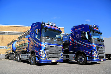 Image showing Two Volvo FH 500 Chemical Tank Trucks on a Yard