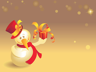 Image showing Snowman with gift on gold