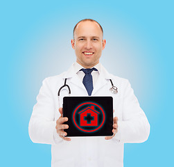 Image showing smiling male doctor with stethoscope and tablet pc