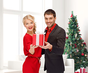 Image showing smiling man and woman with present