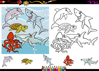 Image showing sea life cartoon coloring page set