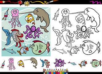 Image showing sea life cartoon coloring page set