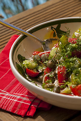 Image showing Bowl of Marinated Greek Salad with Red Napkin