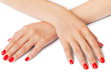Image showing Woman with beautiful manicured red fingernails
