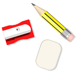 Image showing pencil, sharpener and eraser