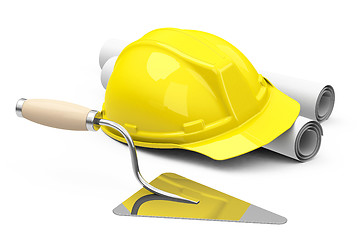 Image showing helmet, drawings and brick trowel