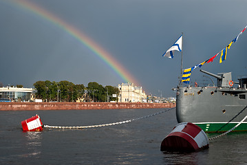 Image showing Rainbow over the city.