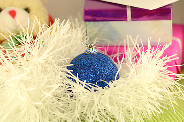 Image showing Christmas red gift with blue ball, new year card