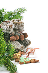 Image showing Winter boots, christmas tree and ginger cookies