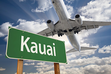 Image showing Kauai Green Road Sign and Airplane Above